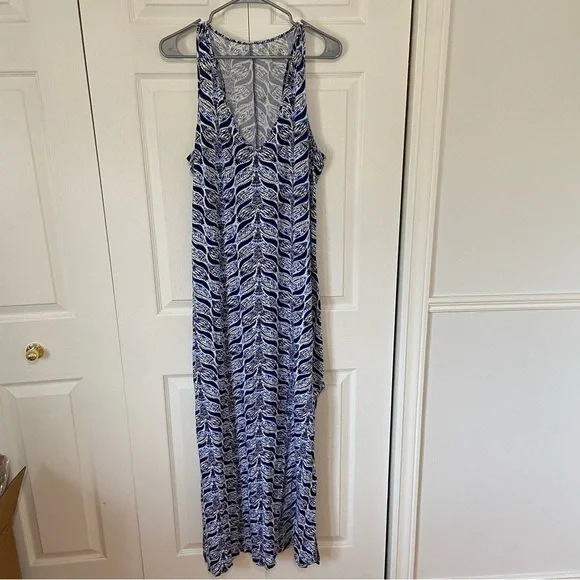 Lilly Pulitzer 100% Pima Cotton Blue Floral Waves Print along Maxi Dress Medium - Picture 2 of 8